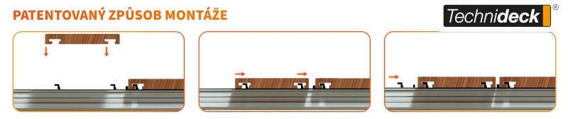 ilustrační postup instalace prken na klipy dřevěné terasy Technideck