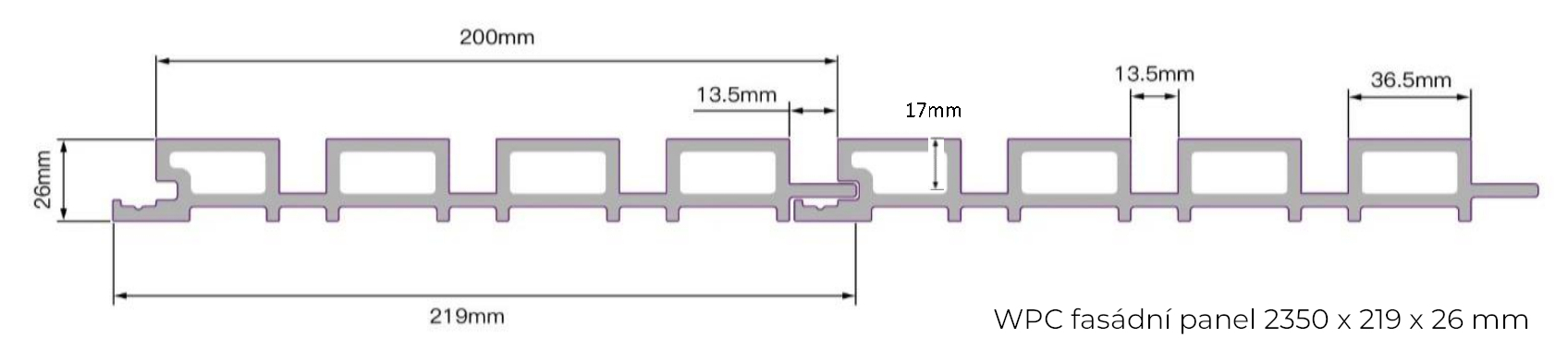 Technický nákres s rozměry - WPC fasádní panel s lamelami
